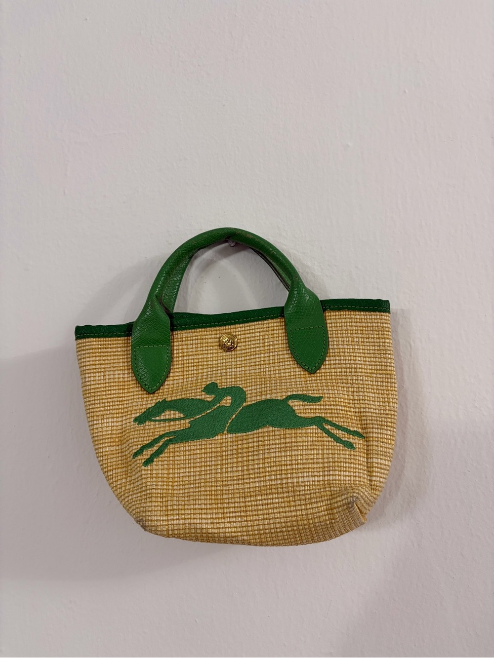 LONGCHAMP Le Panier Pliage Mini Straw Basket Tote Bag Green Horse Logo France